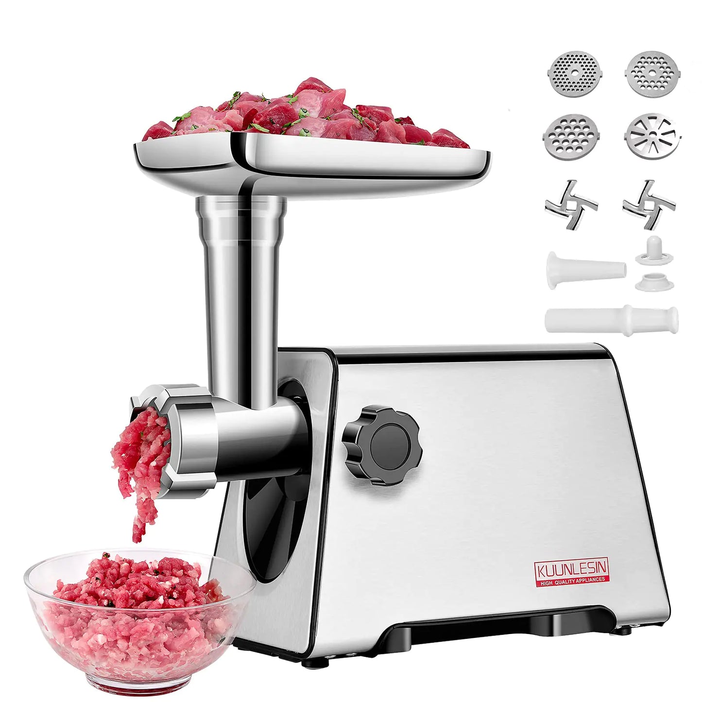 KUUNLESIN Meat Grinder Electric Meat Grinder 350W[2800W Max] Sausage Maker Meat Mincer Meat Sausage Machine 4 Sizes PlatesSausage & Kubbe Kit for Home Kitchen & Commercial Using.