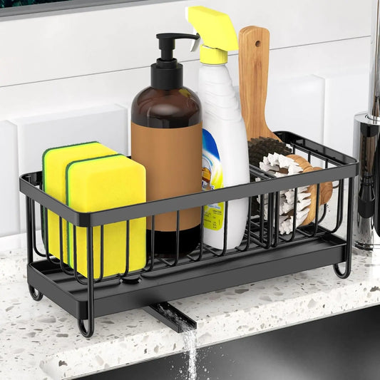 JYFKINN Sponge Holder for Kitchen Sink Sink Caddy with Drain Tray Kitchen Sink Organizer Countertop Rustproof 304 Stainless Steel Soap Dispenser Kitchen Organizers and Storage Accessories